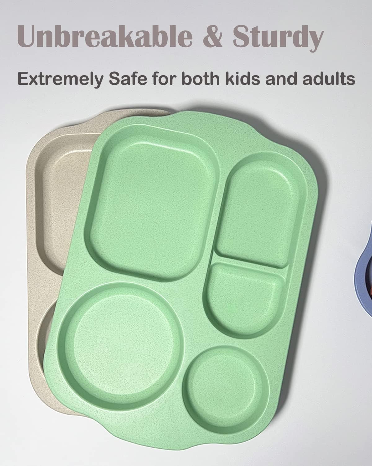Unbreakable Divided Plates, 4 Pack Wheat Straw Tray, Large Fast Food Tray for Toddlers Adults Kids Children, Lightweight Plates, Dishwasher and Microwave Safe