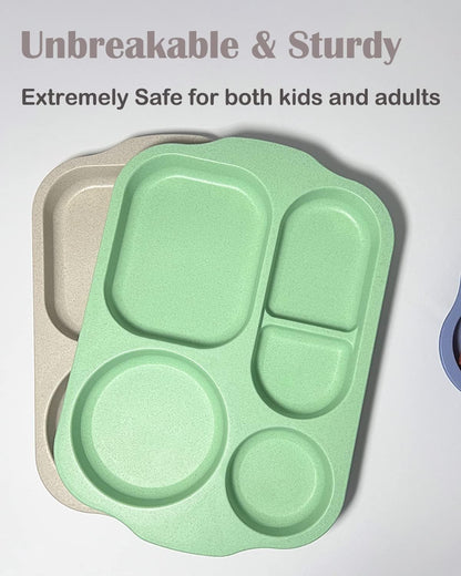 Unbreakable Divided Plates, 4 Pack Wheat Straw Tray, Large Fast Food Tray for Toddlers Adults Kids Children, Lightweight Plates, Dishwasher and Microwave Safe