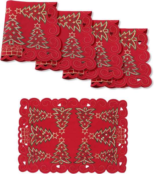 Red Christmas Placemats - 13 X 19 Inch Set of 4, Embroidered Cutwork with Green Christmas Tree and Gifts, Holiday Placemats for Xmas Party Kitchen Decor