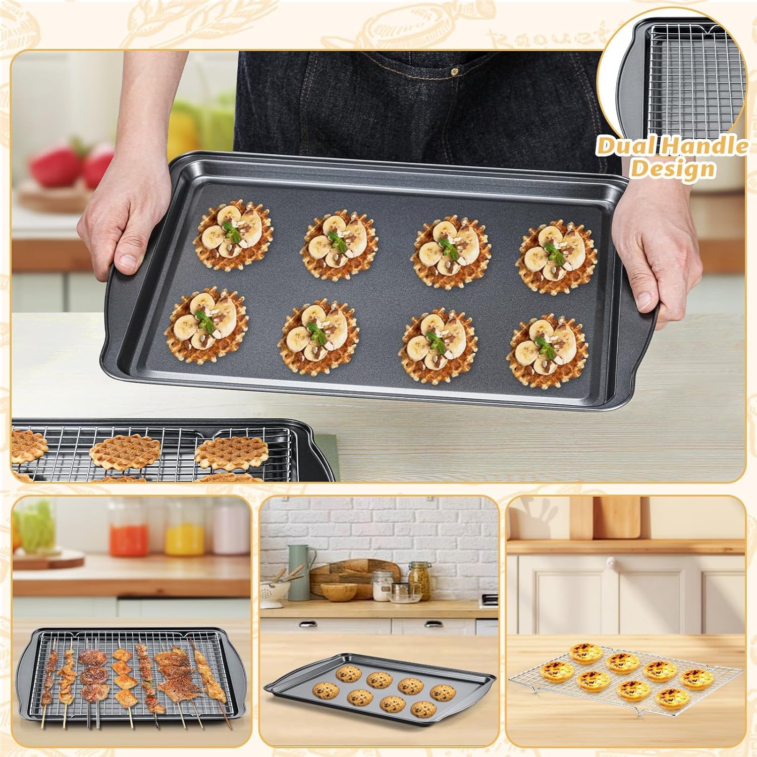 Baking Sheet with Cooling Racks - Carbon Steel Cookie Sheets for Baking [2 Sheets + 2 Racks], Nonstick Baking Pans, Perfect for Baking, Roasting, and More, Size 17 X 11 X 0.5 Inches