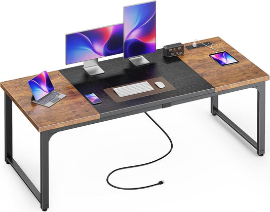 63" x 24" Heavy-Duty Computer Desk with Power Outlets & USB-C, Enhanced Desktop Thickness, Sturdy Metal Frame, Ideal for Home Office and Gaming, Rustic Brown and Black Finish