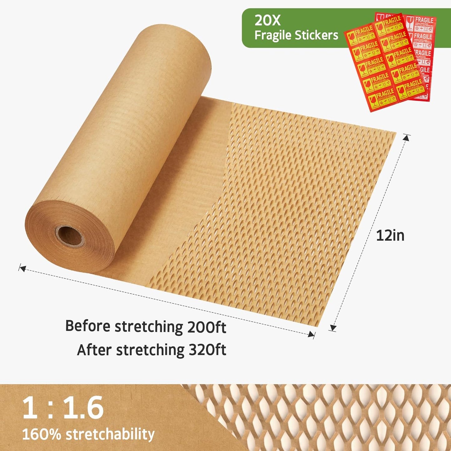 Honeycomb Packing Paper, 12" X 200' Cushion Bubble Packing Paper for Moving Shipping Packaging, Recyclable Moving Supplies Wrap Paper Roll with 20 Fragile Sticker Labels