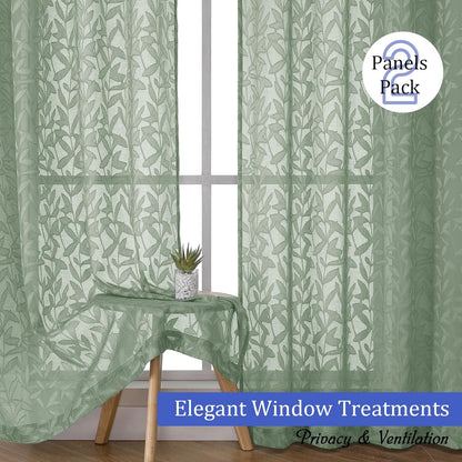 Sage Green Sheer Curtains 84 Inches Long 2 Panels Set, Light Filtering Soft Airy Leaf Elegant Sheer Curtains for Bedroom Living Room, 42Wx84L Inches, 2 Panels