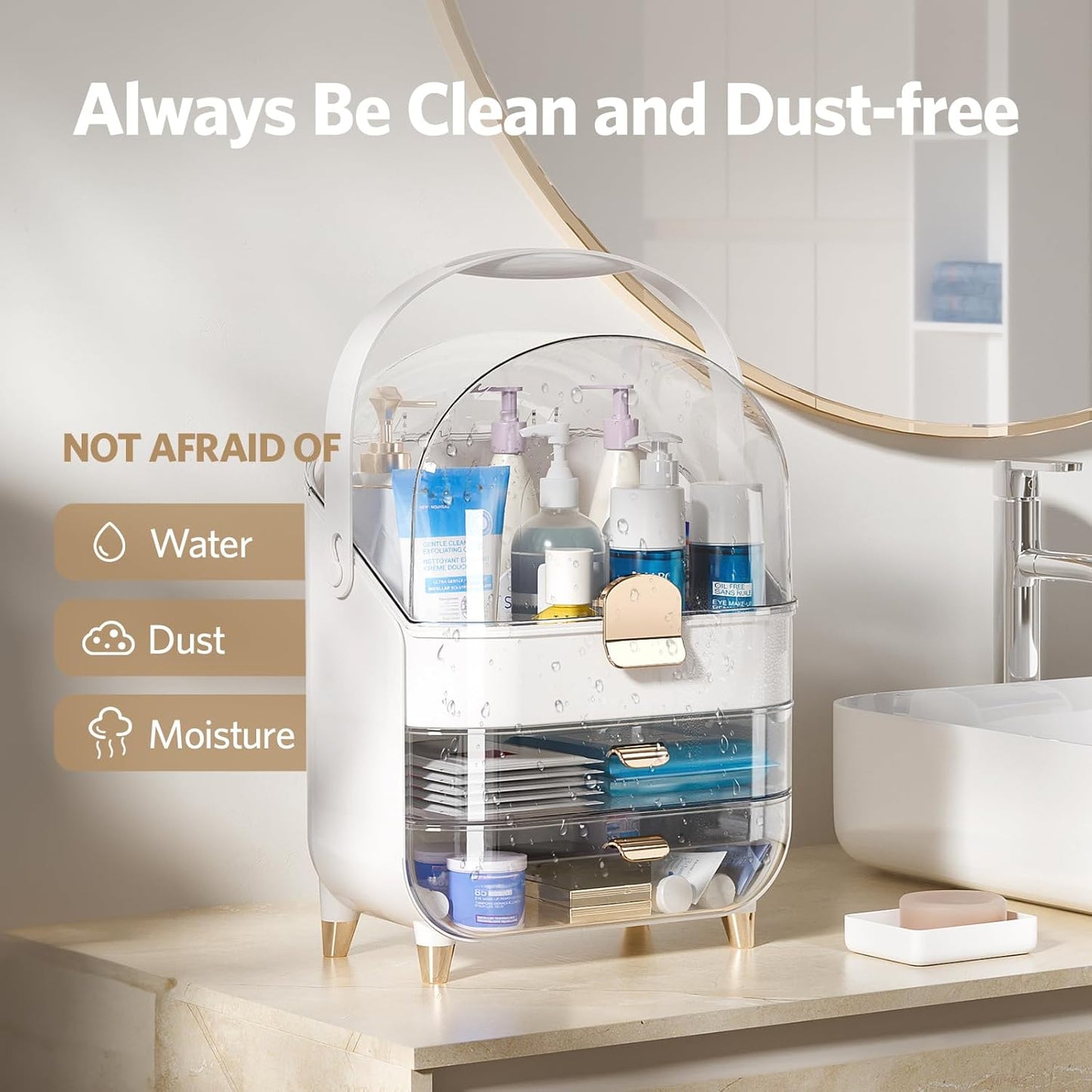 Makeup Organizer for Vanity, Skincare Organizer with Lid and Drawers, Bathroom Counter Organizer Perfume Makeup Storage, Large Cosmetic Display Case for Dresser, Bathroom Countertop, White