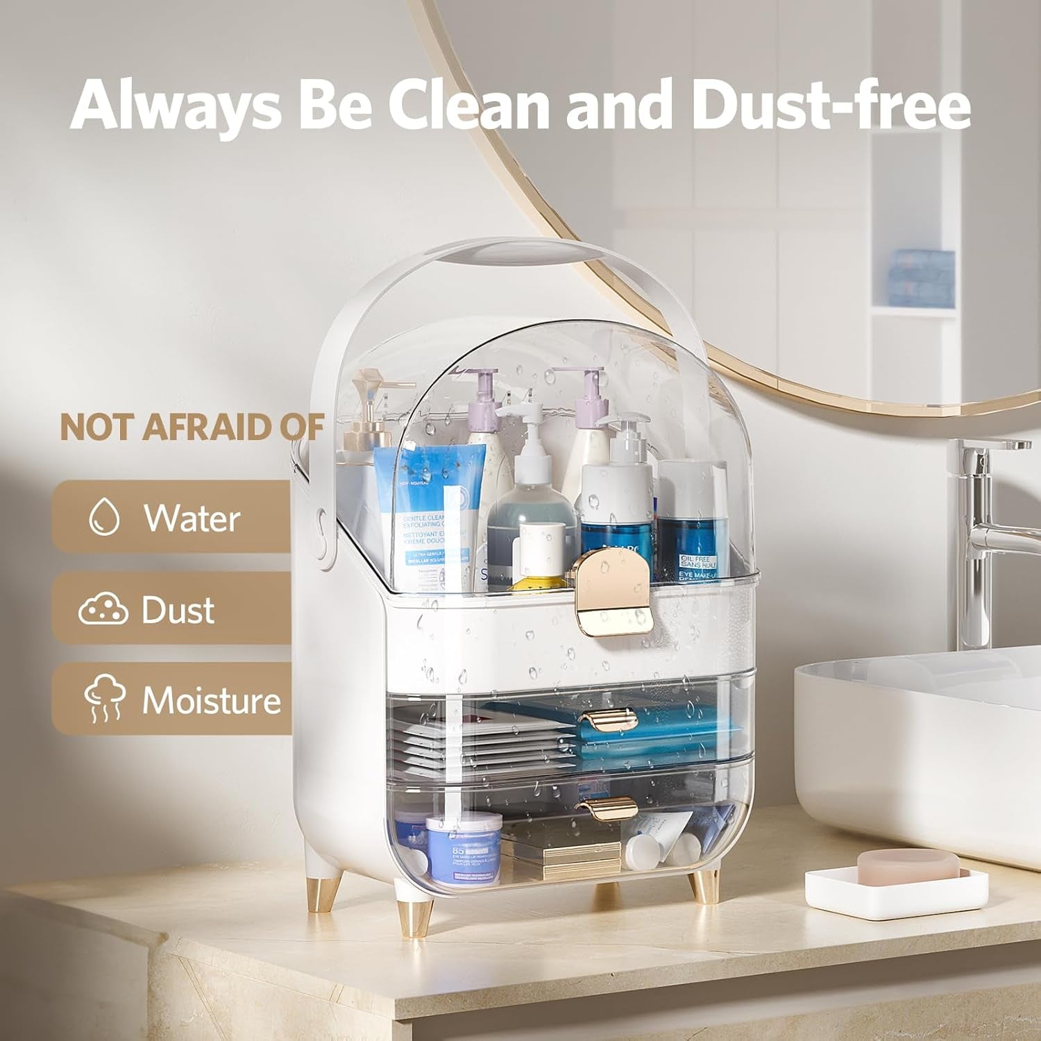 Makeup Organizer for Vanity, Skincare Organizer with Lid and Drawers, Bathroom Counter Organizer Perfume Makeup Storage, Large Cosmetic Display Case for Dresser, Bathroom Countertop, White