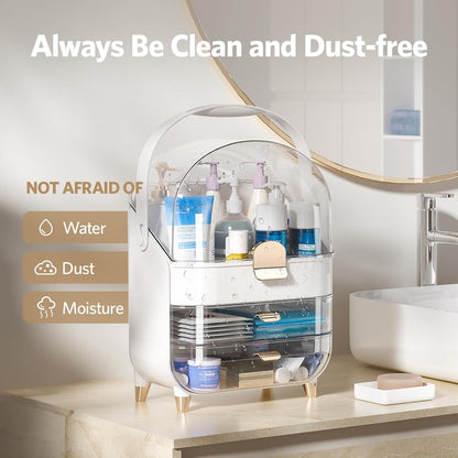 Makeup Organizer for Vanity, Skincare Organizer with Lid and Drawers, Bathroom Counter Organizer Perfume Makeup Storage, Large Cosmetic Display Case for Dresser, Bathroom Countertop, White