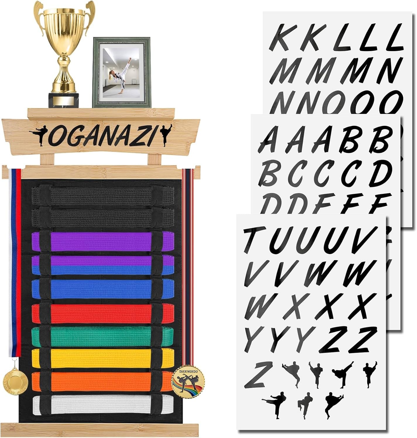 Karate Belt Display Rack with Personalized Stickers - Bamboo Trophy Holder for Taekwondo, BJJ, and Martial Arts Belts