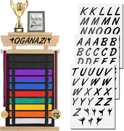 Karate Belt Display Rack with Personalized Stickers - Bamboo Trophy Holder for Taekwondo, BJJ, and Martial Arts Belts