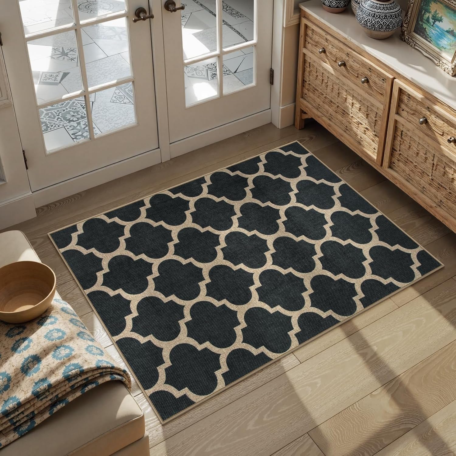 Moroccan Easy Jute Outdoor Entryway Rug, 3X5 Black Washable Front Porch Rugs for Balcony Bedroom, Farmhouse Trellis Neutral Thin Non Slip Small Carpet for Indoor Living Room Backyard Entrance