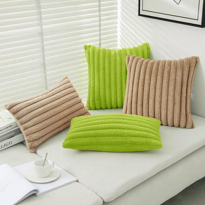 Faux Fur Plush Decorative Throw Pillow Covers Set of 2 Luxury Soft Fluffy Striped Pillowcases Cushion for Sofa Couch Bed Living Room Christmas Green 16X16 Inch