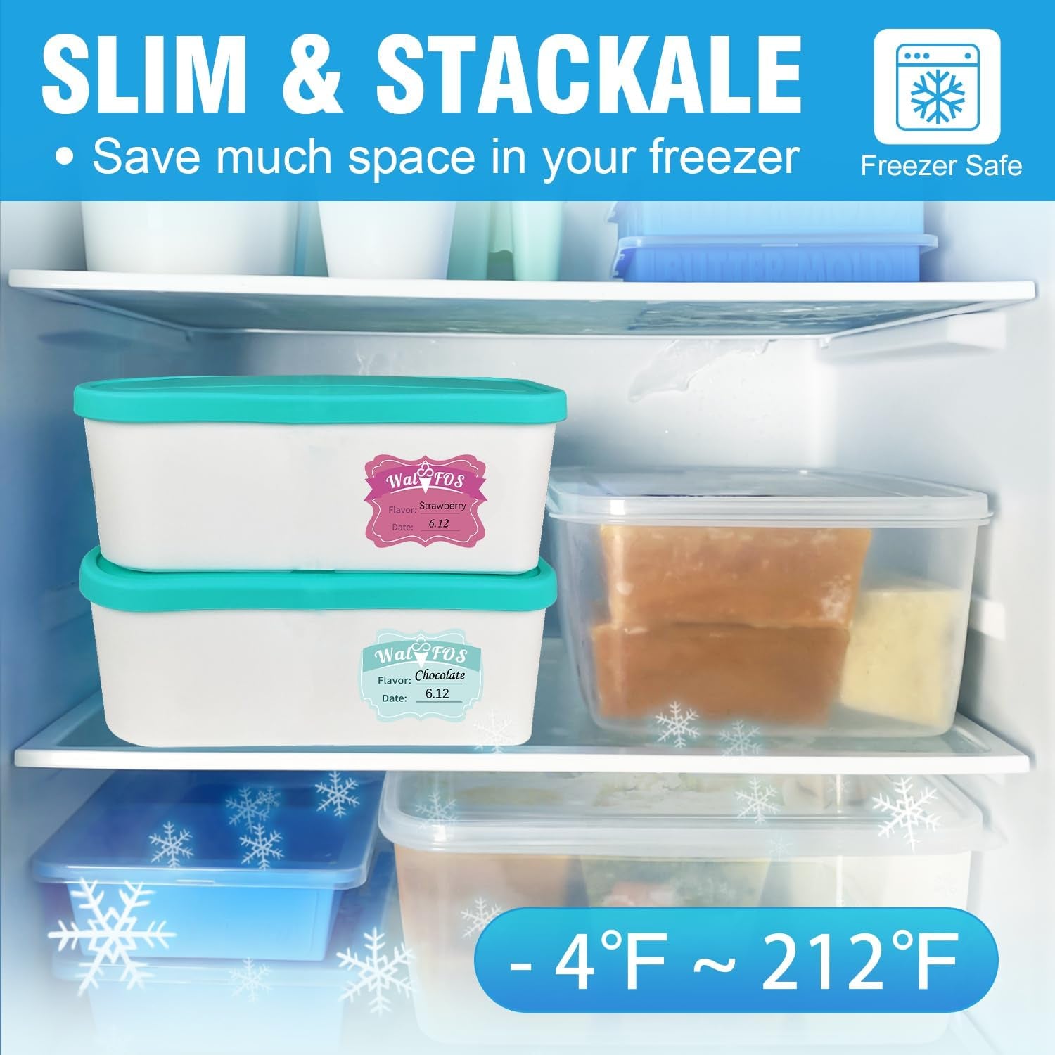 Ice Cream Containers - 1.6 Quart Each, Reusable Homemade Ice Cream Tubs with Silicone Lids, Stackable Freezer Storage Container for Yogurt, Sorbet, Gelato, Bonus 2 Bands, 12 Stickers, Set of 2