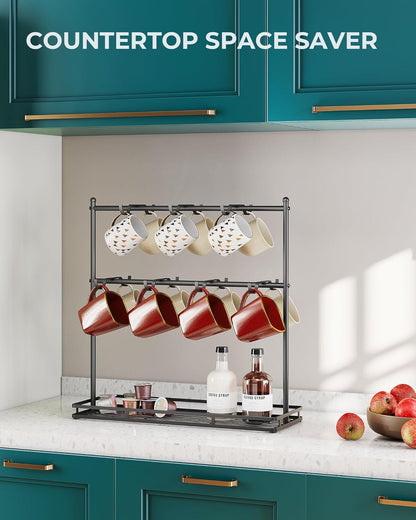 Coffee Mug Holder for Countertop, 14-Hook Mug Tree Rack for 14 Cups, 2 Tier Mug Display Stand with Heavy Duty Metal Base