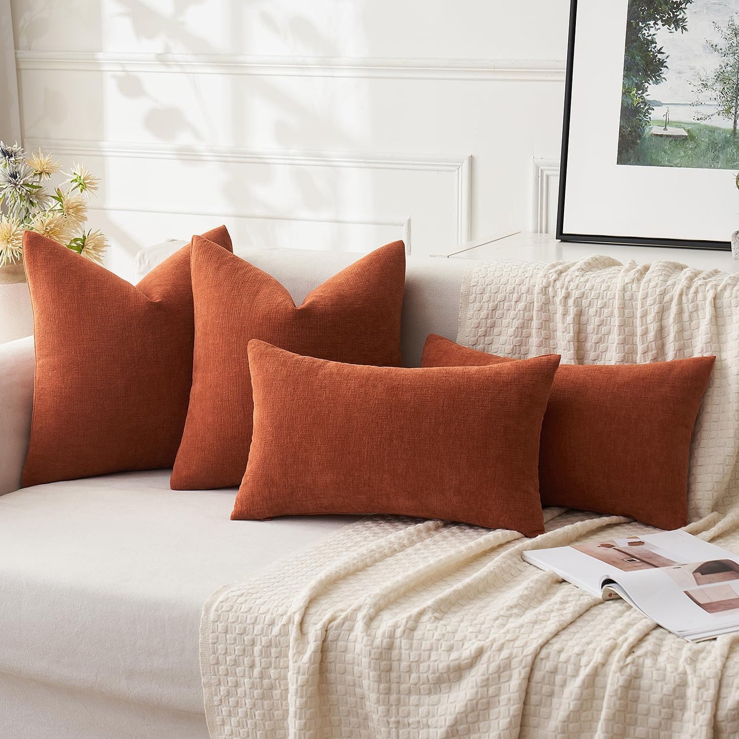 Rust Couch Pillow Covers 18X18 Inch, Set of 2 Soft Chenille Fall Decorative Square Throw Pillow Covers Farmhouse for Sofa Living Room Bed