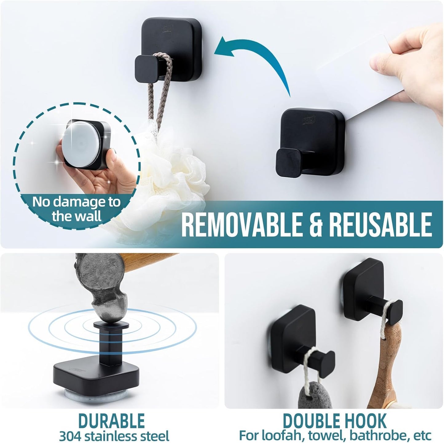 Stylish 304 Stainless Steel Bathroom Suction Hooks for Towel, Bathrobe, Loofah, No Damage Hanging Glass Shower Wall Hooks, Removable Patented Strong Suction Cup Holders, Hold up to 11 Lbs, Black