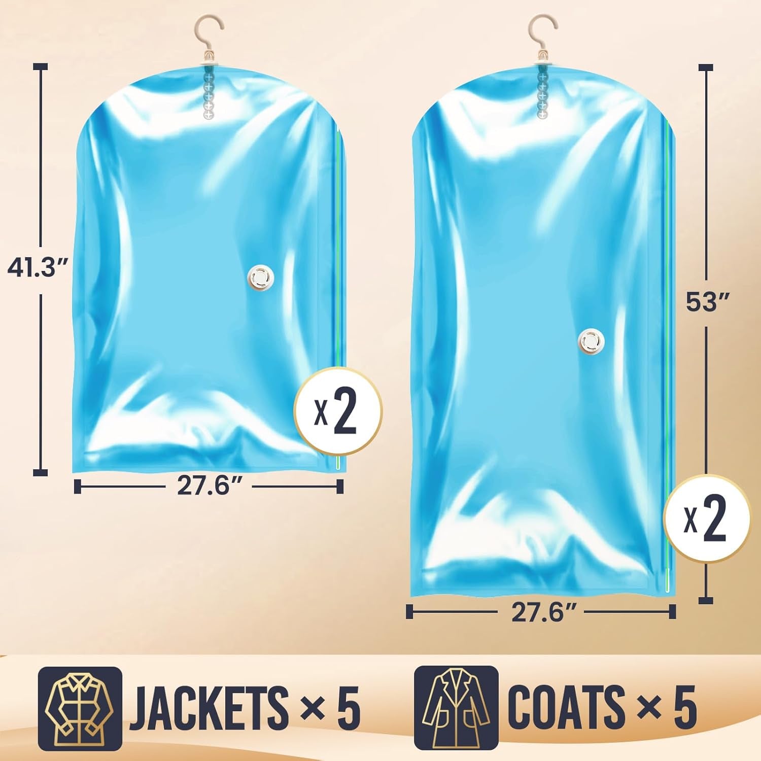 Hanging Vacuum Storage Sealer Space Saver Bags for Clothes, Coat, Closet Organizers, 4 Pack (2 Long, 2 Short) Blue