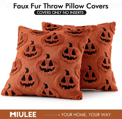 Fall Halloween Throw Pillow Covers 18X18 Decorative Pumpkin Pattern Pillowcases Soft Plush Faux Wool Cushions for Home Patio Sofa Couch,Dark Rust