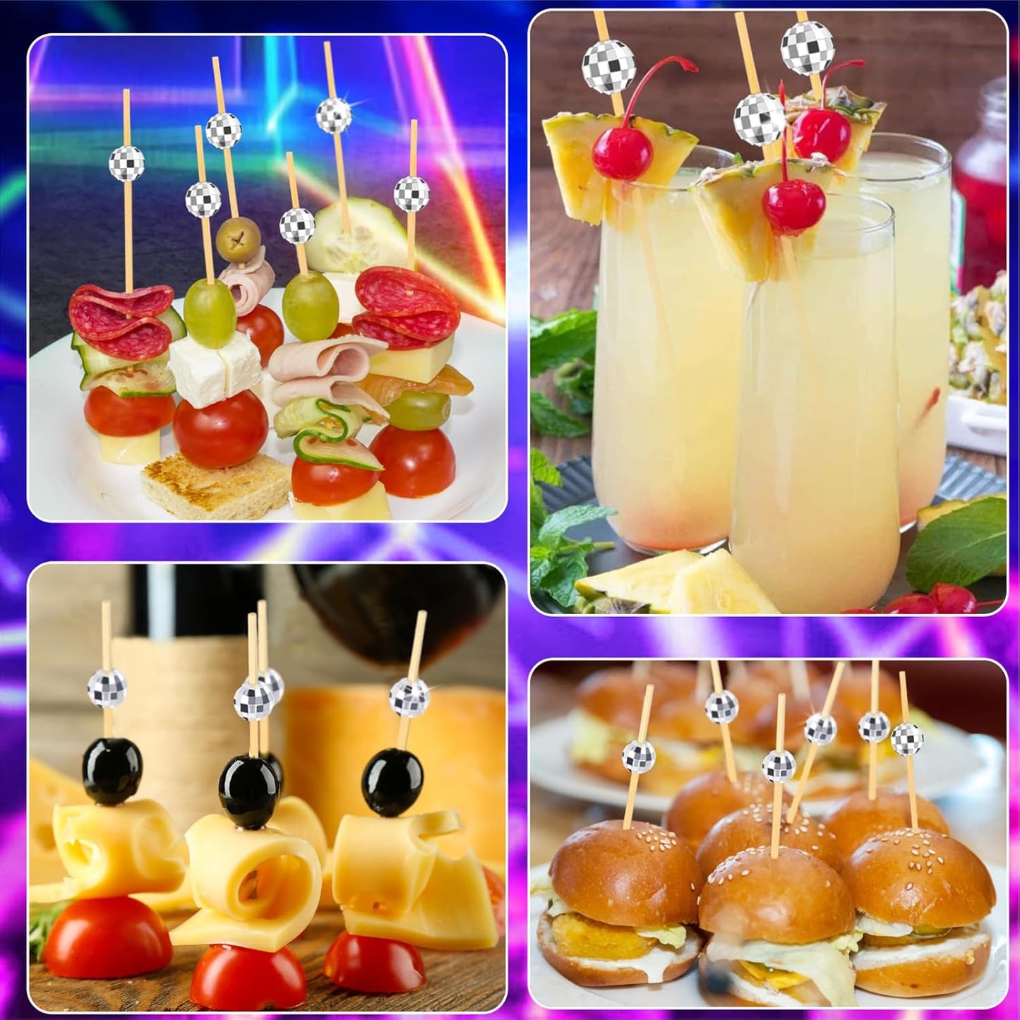 Cocktail Picks, Disco Ball Decorative Toothpicks for Appetizers, Fancy Bamboo Skewers for Appetizers Drinks Food Disco Party Decorations, 4.7 Inch Long Silver Wooden Cocktail Sticks 100PCS