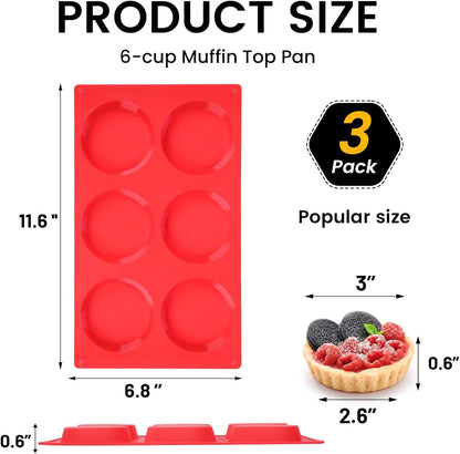 Muffin Top Pan, Silicone Egg Bite Molds for Breakfast Sandwiches, 3 Inch Egg Bite Maker, Non-Stick Silicone Mold for Oven, Whoopie Pies, Eggs Muffins, 3 Pcs-Red