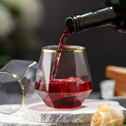 40 Pack Diamond Plastic Wine Glasses,Unbreakable Stemless Whiskey Cocktail Wine Champagne Glasses,12 Ounce Durable Disposable Cups Gold Rim for Parties, Weddings, Birthdays