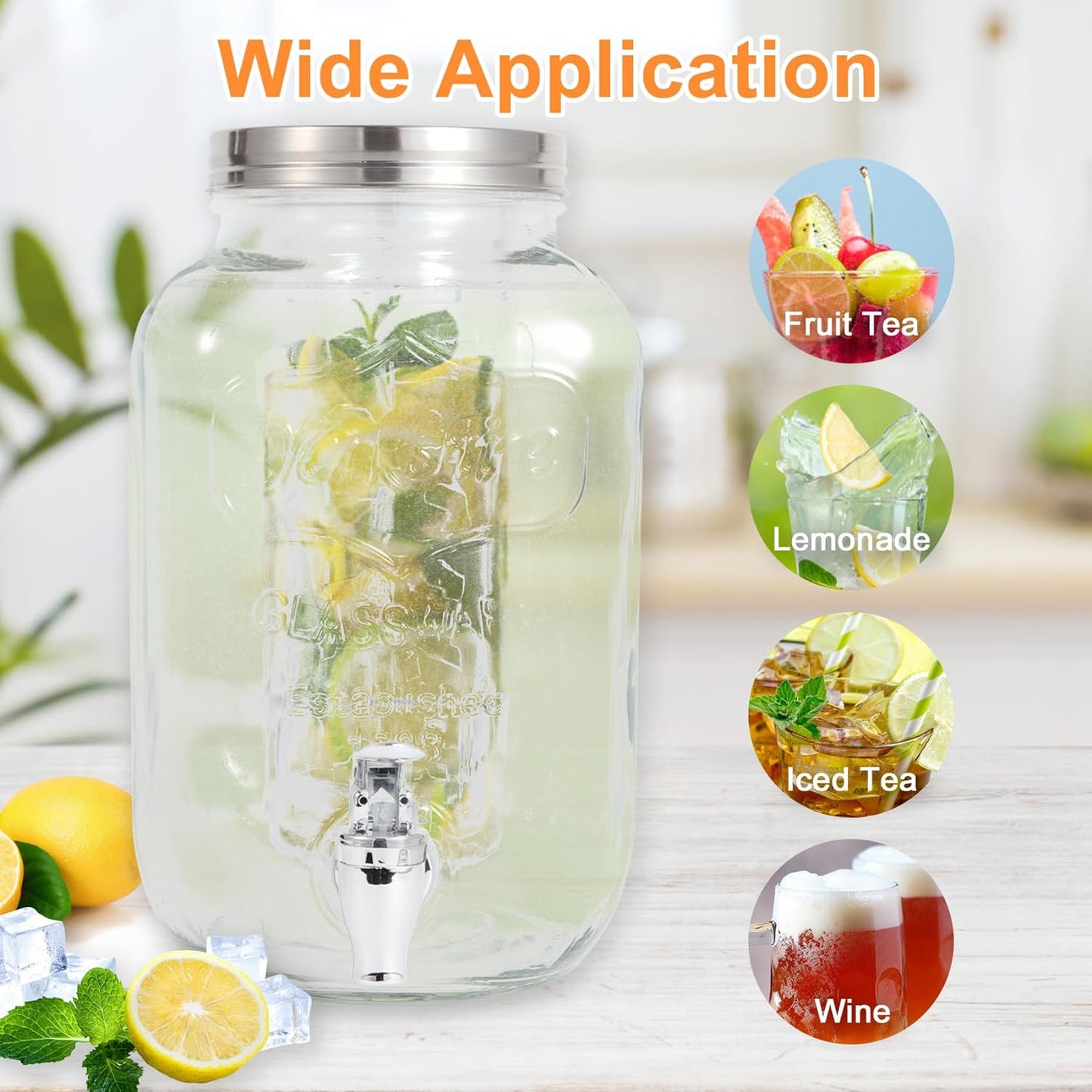 1 Gallon Glass Drink Dispensers for Parties-Set of 2,Drink Dispenser with Fruit Infuser & Stand,Juice or Beverage Dispenser for BBQ, Picnic, Party,Laundry Detergent Dispenser