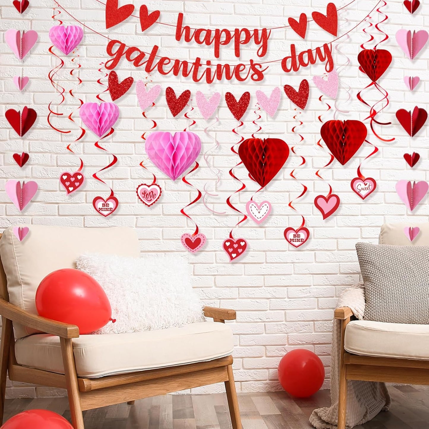 Galentines Day Decorations for Party, Happy Galentine’S Day Heart Banner Garland, Galentines Day Party Supplies with Hanging Streamers Heart Honeycombs Swirls for Girls Ladies Celebration