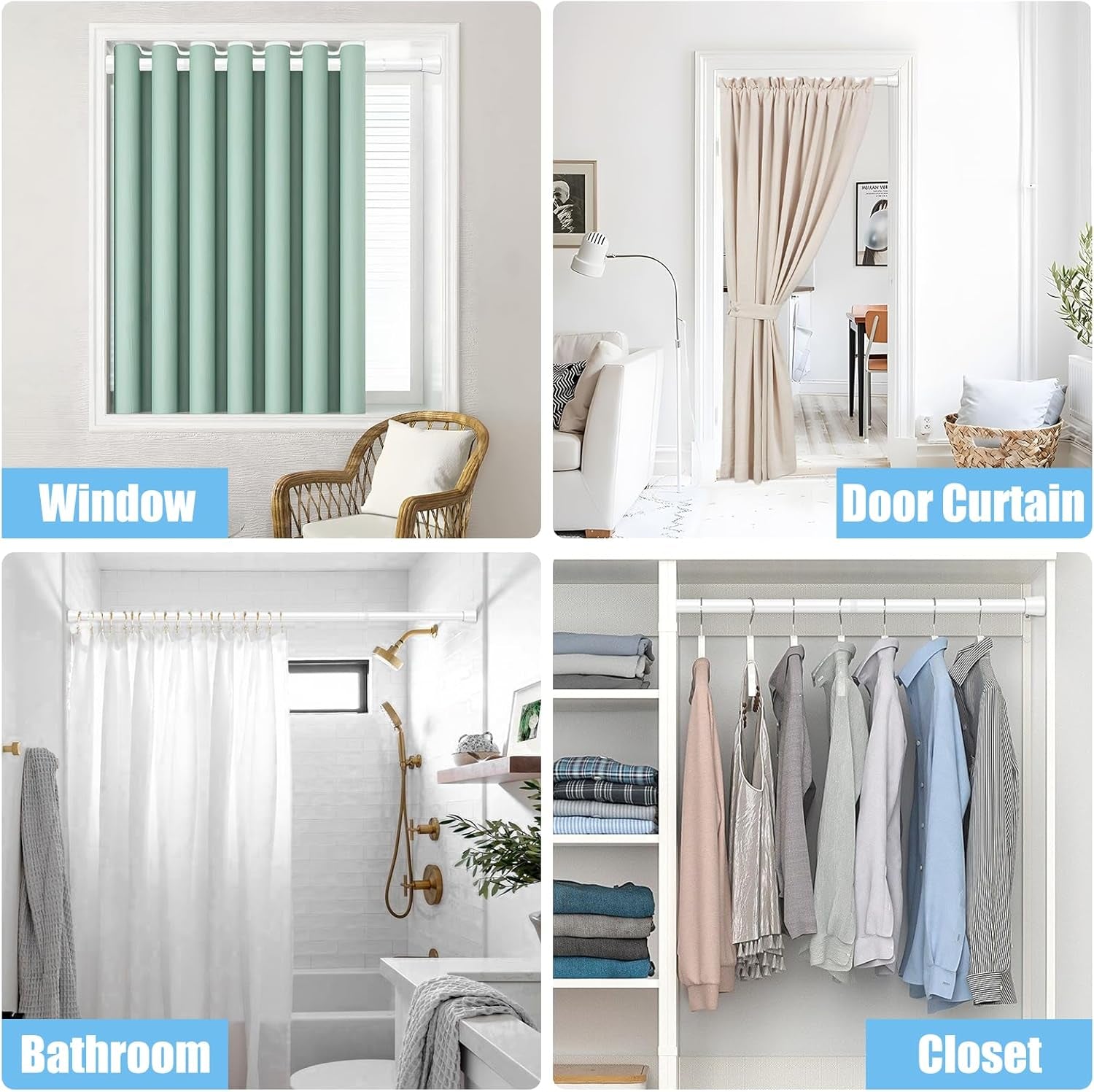 Tension Curtain Rod Spring Tension Rods for Windows 28 to 48 Inch, No Drilling, 7/8" Diameter, White Adjustable Curtain Rod, Small Shower Curtain Rod for Bathroom, Doorway, Closet, Kitchen