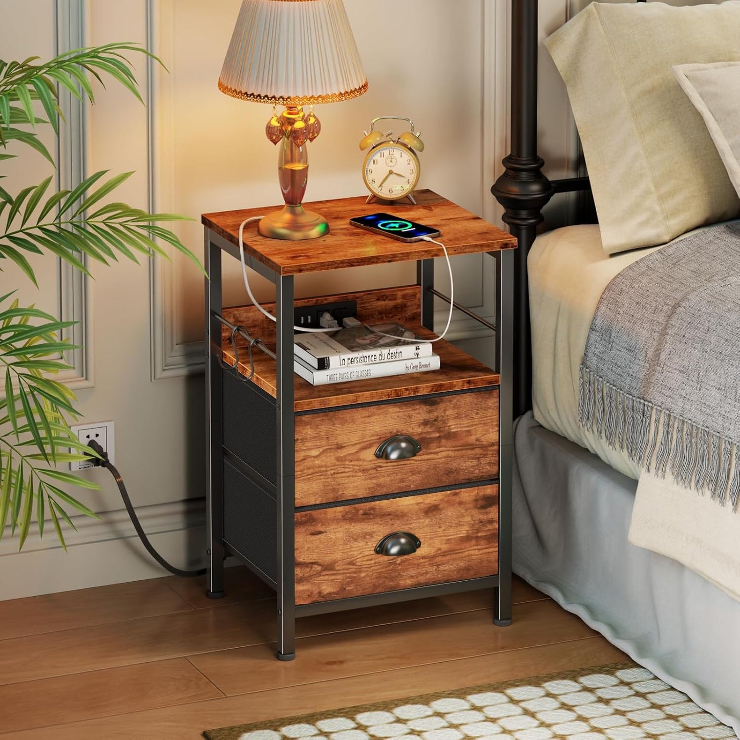 End Table with Charging Station, Nightstand with Fabric Drawers, Side Table with USB Ports & Outlets, Night Stand with Storage Shelf & Hooks, for Living Room/Bedroom, Rustic Brown
