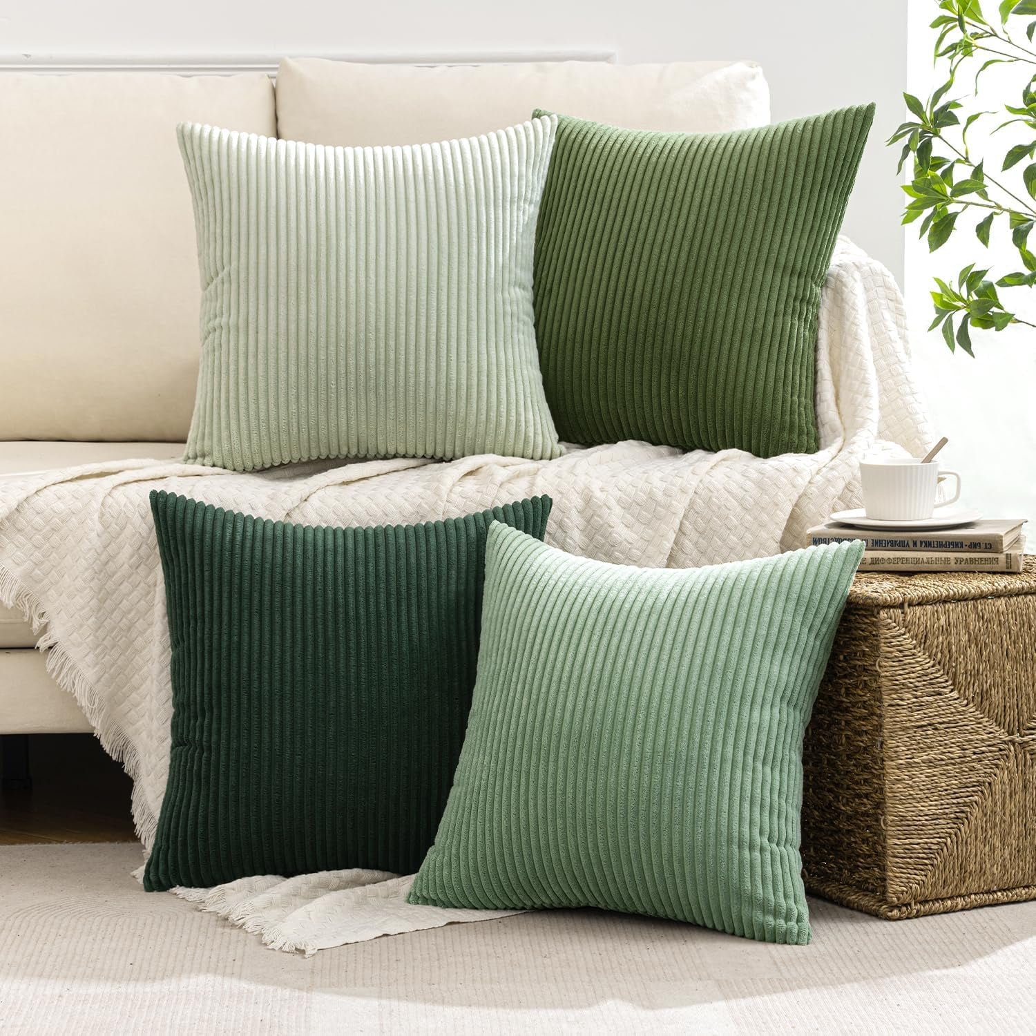 Boho Farmhouse Sage Green Throw Pillow Covers 18X18 Inch Set of 4 Mordern Nordic Cushion Covers Soft Corduroy Christmas Home Decor for Couch Bed Sofa Living Room Forest Green