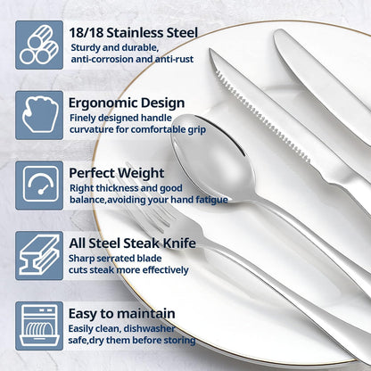 20-Piece Silverware Set Service for 4, Food Grade Stainless Steel Flatware Cutlery Set Kitchen Utensils Set with Steak Knives for Home Restaurant Hotel, Mirror Polished