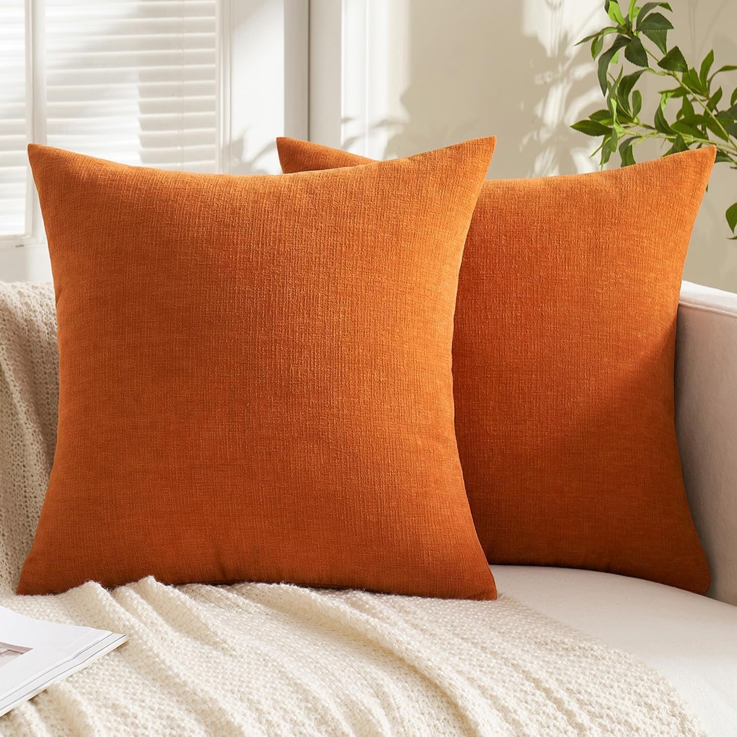 Orange Couch Pillow Covers 18X18 Inch, Set of 2 Soft Chenille Fall Decorative Square Throw Pillow Covers Farmhouse for Sofa Living Room Bed