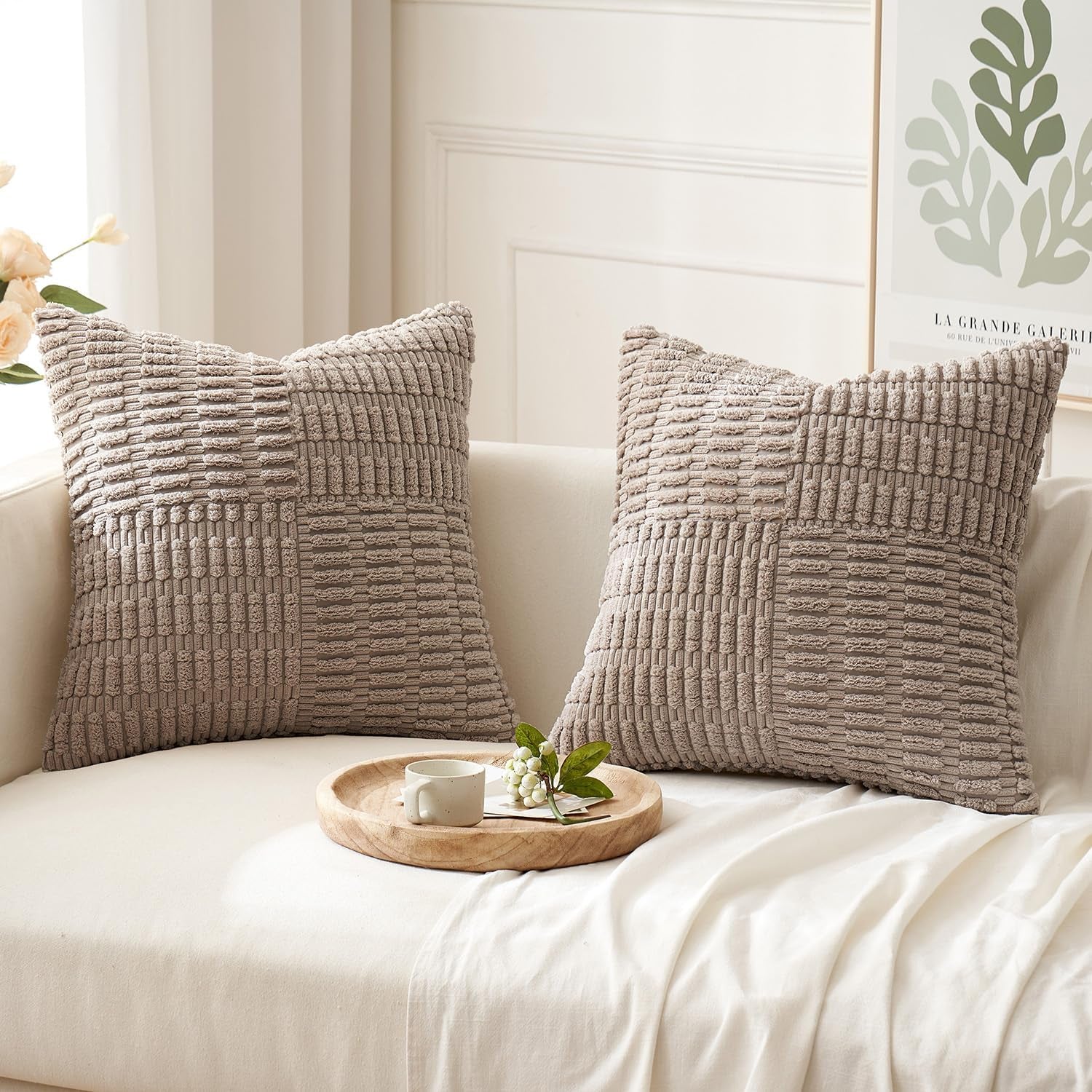 Set of 2 Light Brown Decorative Pillow Covers 18X18 Inch Textured Striped Patchwork Accents Farmhouse Boho Soft Corduroy Couch Pillows for Sofa Living Room Bed Home Decor