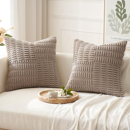 Set of 2 Light Brown Decorative Pillow Covers 18X18 Inch Textured Striped Patchwork Accents Farmhouse Boho Soft Corduroy Couch Pillows for Sofa Living Room Bed Home Decor