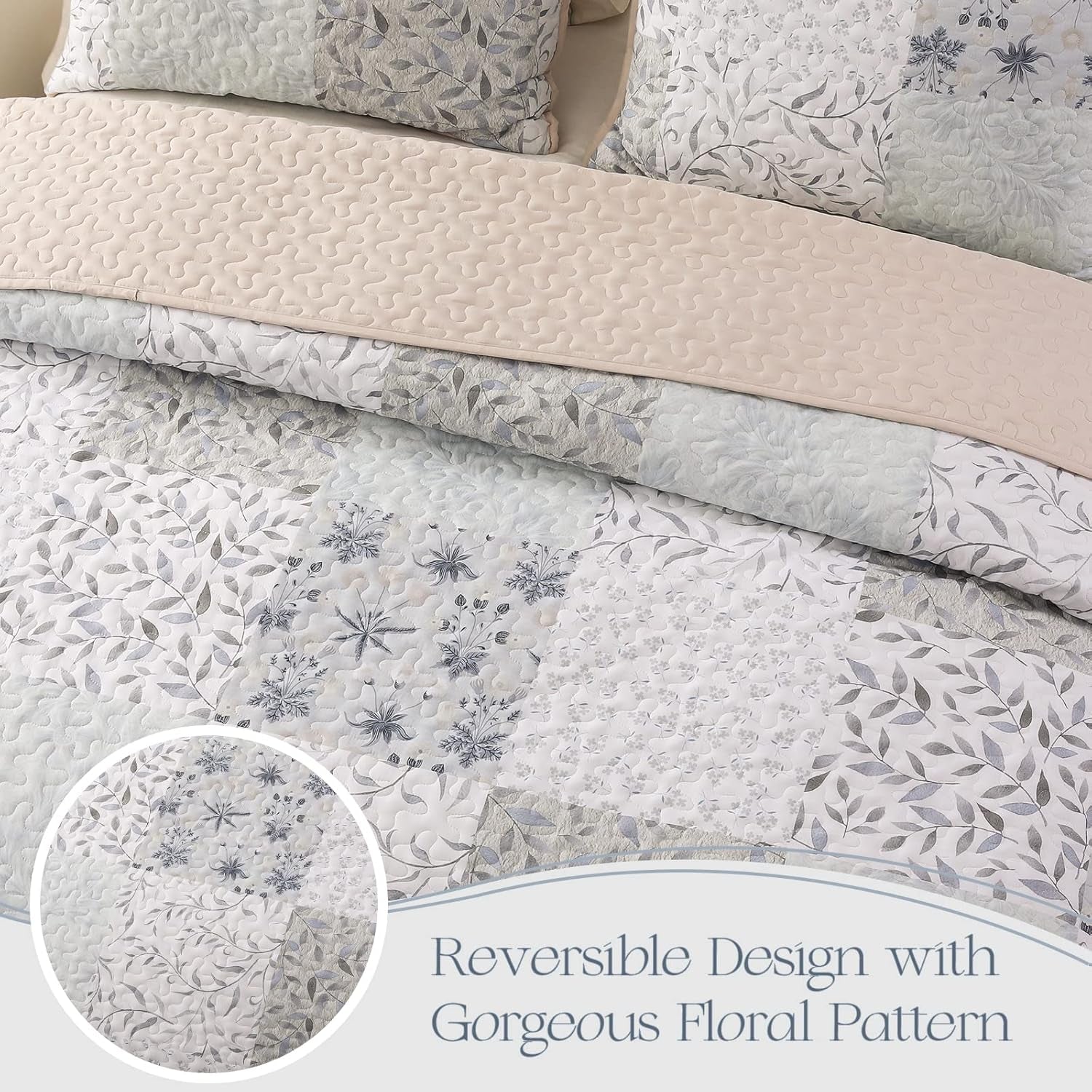 Queen Size Reversible Boho Quilt Set, 3-Piece Patchwork Gray All-Season Bedspread, Ultra-Soft Floral Coverlet with Printed Pattern (Includes 1 Quilt and 2 Pillow Shams)