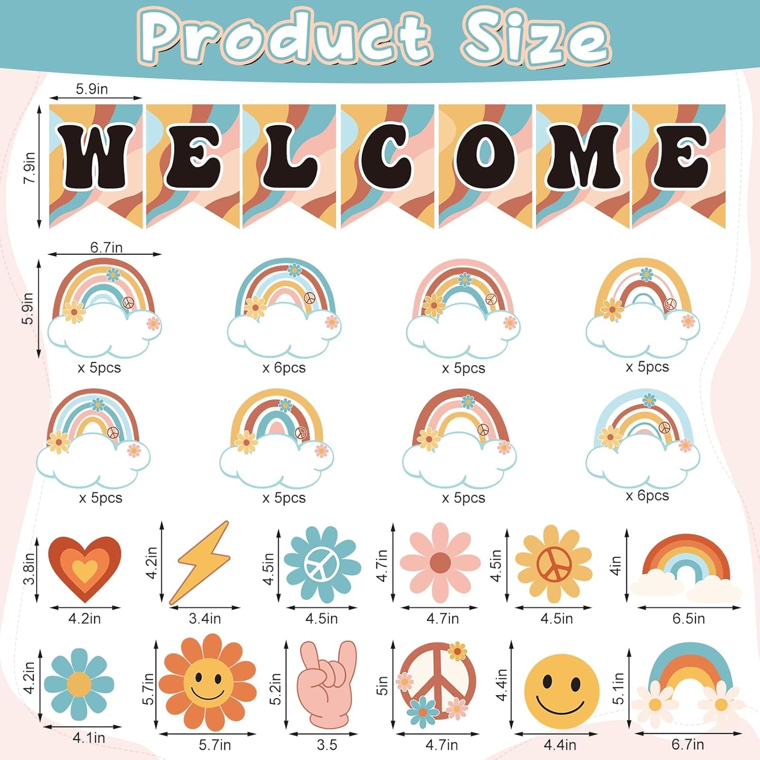 61Pcs Retro Welcome Back to School Bulletin Board Welcome Poster Banner Groovy Rainbow Theme Welcome Sign Decor with Glue Point for First Day of Kindergarten Preschool Classroom Decorations