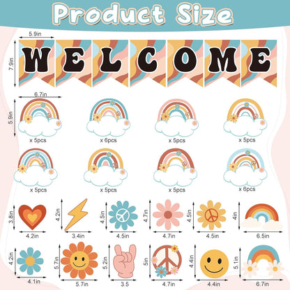 61Pcs Retro Welcome Back to School Bulletin Board Welcome Poster Banner Groovy Rainbow Theme Welcome Sign Decor with Glue Point for First Day of Kindergarten Preschool Classroom Decorations
