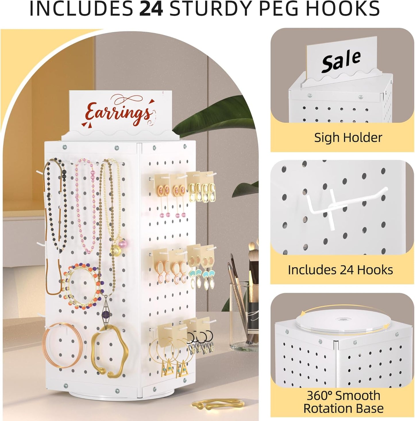 Metal Spinning Peg Board Display Stand with Removable Hooks – Earring Display Stands, Jewelry Display for Vendors White