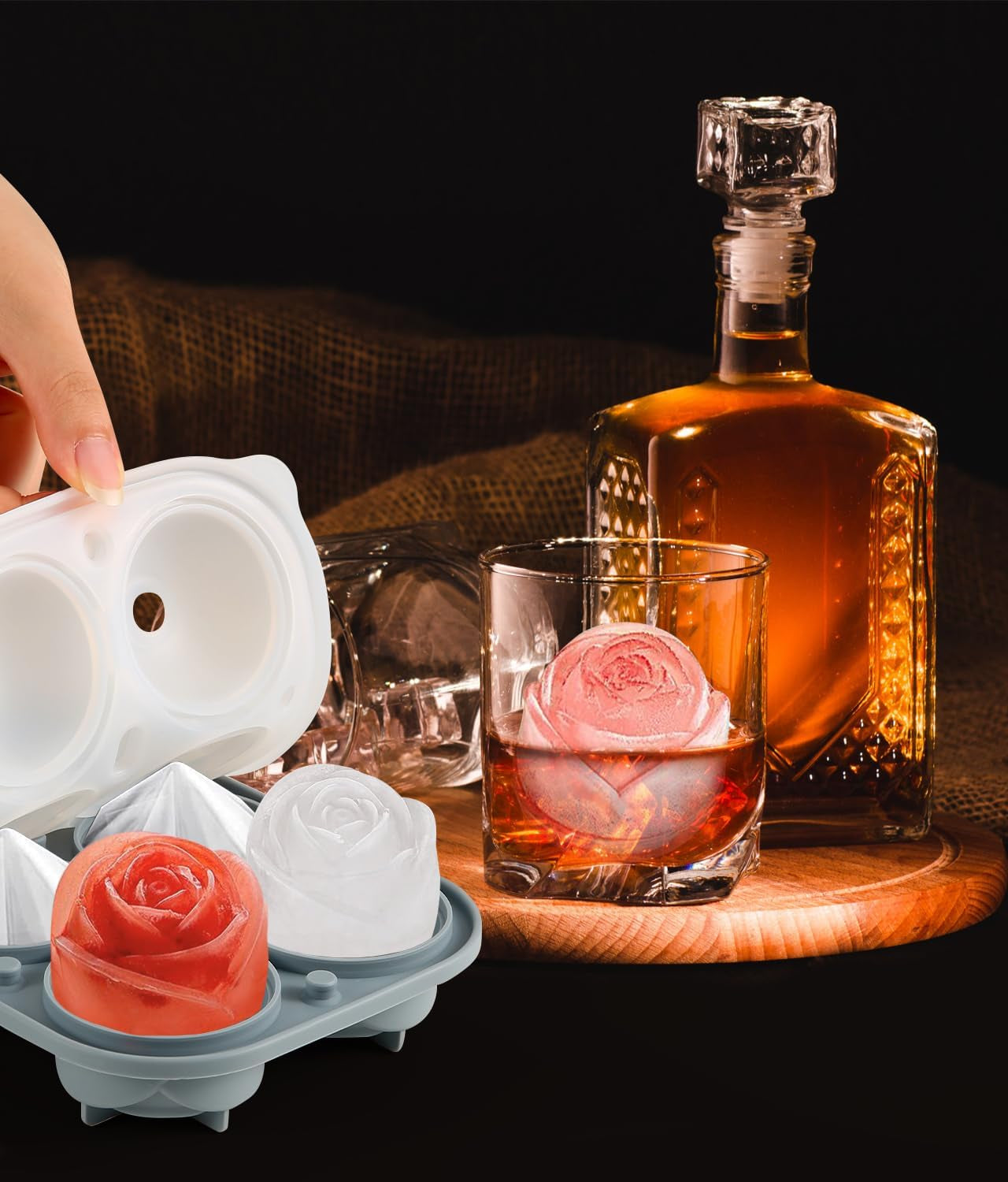 2Pack Silicone Square and round Ice Cube Trays for Freezer - Sphere, Rose, Diamond Ice Molds for Whiskey, Cocktails & DIY, Gray