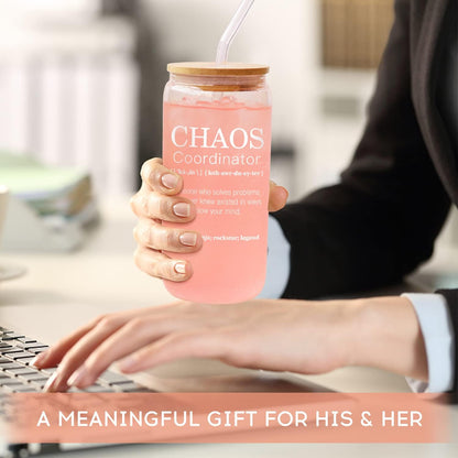 Chaos Coordinator Gifts - Boss Lady Gifts for Women, Coworker, Teacher, Nurse, Mom - 18 Oz Teacher Office Can Glass
