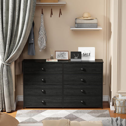 Elegant Wide Dresser with 8 Fabric Drawers and Wood Top for 55'' TV, Versatile Storage Solution for Bedroom, Living Room, Dorm, Closet, and Entryway (Black Oak)