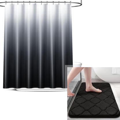Memory Foam Bath Rug and Shower Curtain, Bath Rug Size 30X20 in Black and Shower Curtain 72X72 in Black Grey, 2 Item Bundle