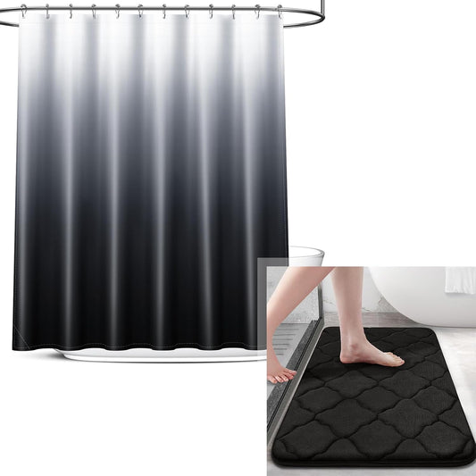 Memory Foam Bath Rug and Shower Curtain, Bath Rug Size 30X20 in Black and Shower Curtain 72X72 in Black Grey, 2 Item Bundle