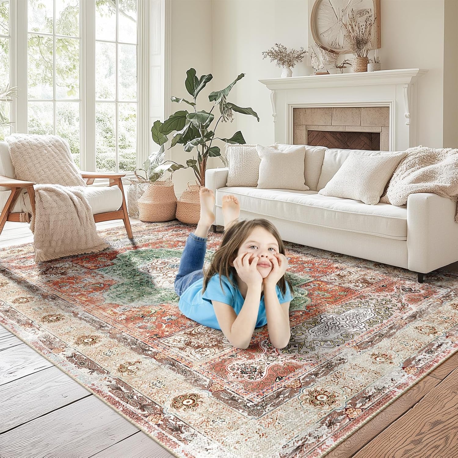 8X10 Area Rugs Machine Washable No Pile Non Slip Vintage Rugs for Living Room&Bedroom&Dinning Room Bohemian Distressed Carpet Indoor,Brick