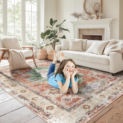 6X9 Area Rugs Machine Washable No Pile Non Slip Vintage Rugs for Living Room&Bedroom&Dinning Room Bohemian Distressed Carpet Indoor,Brick