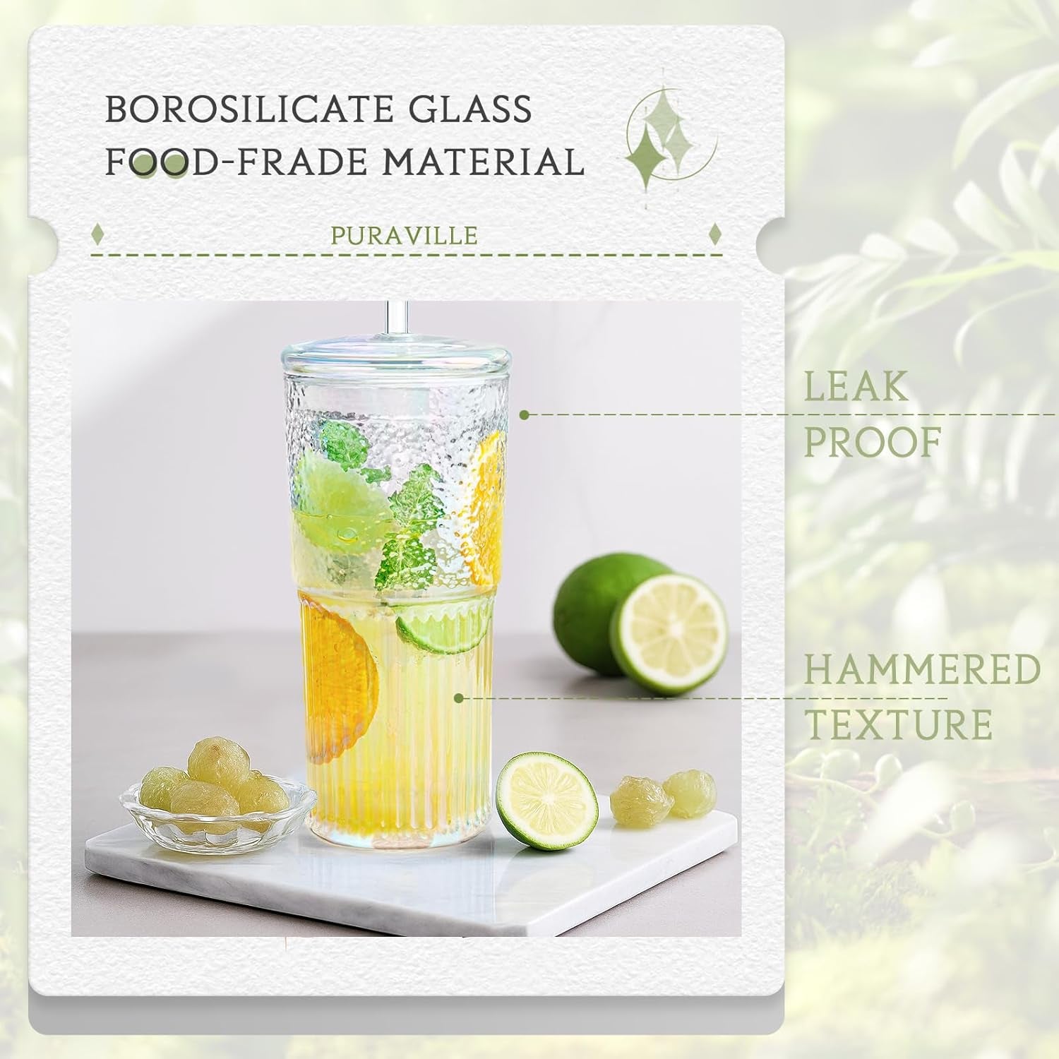 20Oz Glass Cups with Lids and Straws, 2 Pack High Borosilicate Iced Coffee Cups Drinking Glasses Tumbler for Smoothie, Water, Tea, Juice Drinks, Rainbow