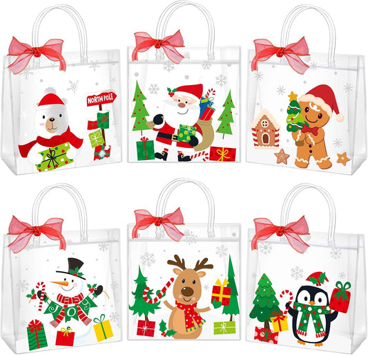 24Pcs Christmas Clear Gift Bags Plastic Totes Bags with Handles Bow Ribbon for Candy Treat Goodie and Party Favors Elk Snowman Santa Gift Bags for Christmas Decorations, 7.8 * 7.8 * 3.15 Inch