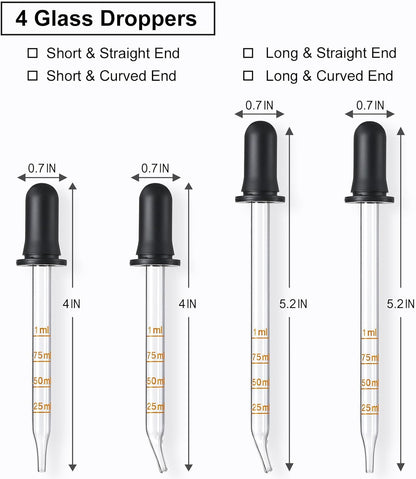 4 Pack, 1 Ml Glass Eye Dropper with Measurement - Long & Short, Bent & Straight Tip Calibrated Glass Medicine Droppers, Accurate Dose Pipette Dropper for Essential Oils, Feeding, Ear, Lab, Health Care