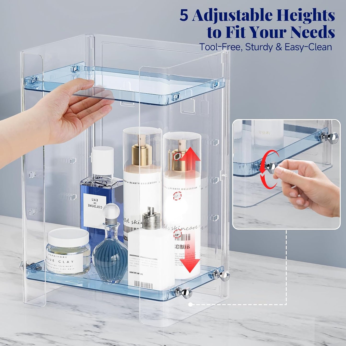 Bathroom Countertop Organizer, 2 Tier Adjustable Corner Makeup & Skincare Organizer with Protective Guard Rail, Transparent Design for Vanity, Bathroom Counter, Ideal for Girls