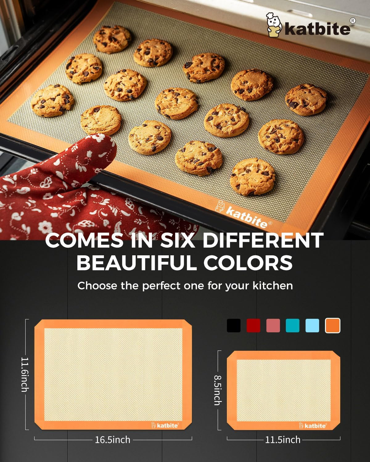 Silicone Baking Mat Colorful Collection - Set of 3: 2 Half Sheets Mats (11 5/8" X 16 1/2") + 1 Quarter Baking Sheet, Reusable & Nonstick Bakeware Mats for Cookies, Macarons, Bread (Orange)