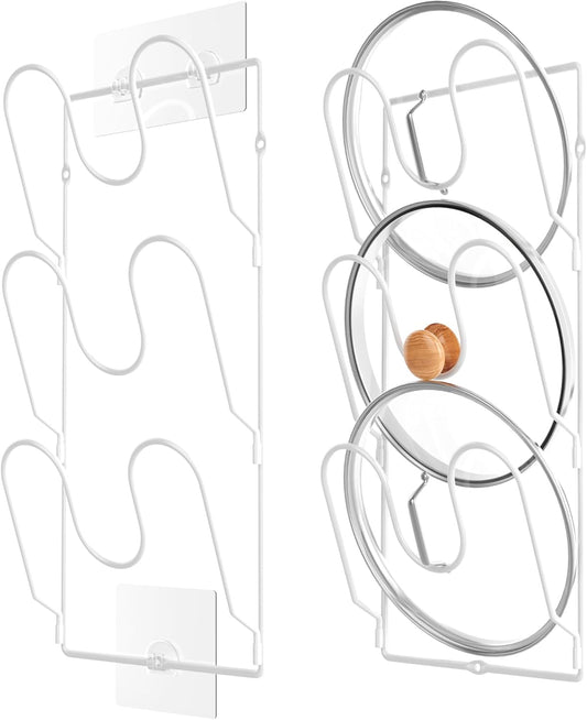 2 Pack Pot Lid Organizer Rack for Cabinet Door/Wall, 6-Tier Pot Lid Holders inside Cabinet Door, No Drilling Adhesive Wall/Door Mounted Rustproof Pots and Pans Lid Organizers for Kitchen Storage White