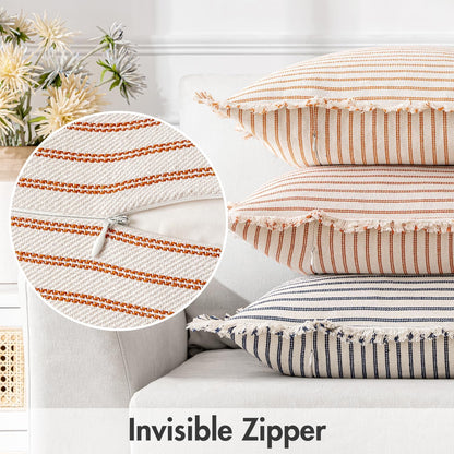 Fall Pack of 2 Rust Pillow Covers 20X20 Inch Striped Farmhouse Couch Throw Pillow Covers with Fringe Chic Linen Decorative Cushion Covers for Sofa Living Room Bed Outdoor Home Decor